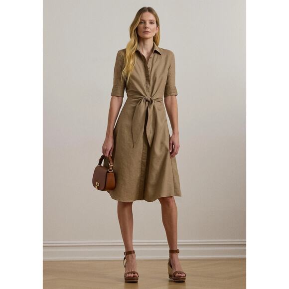 LAUREN RALPH LAUREN Tie-Front Elbow-length Sleeve Linen Shirtdress - Picture 1 of 10